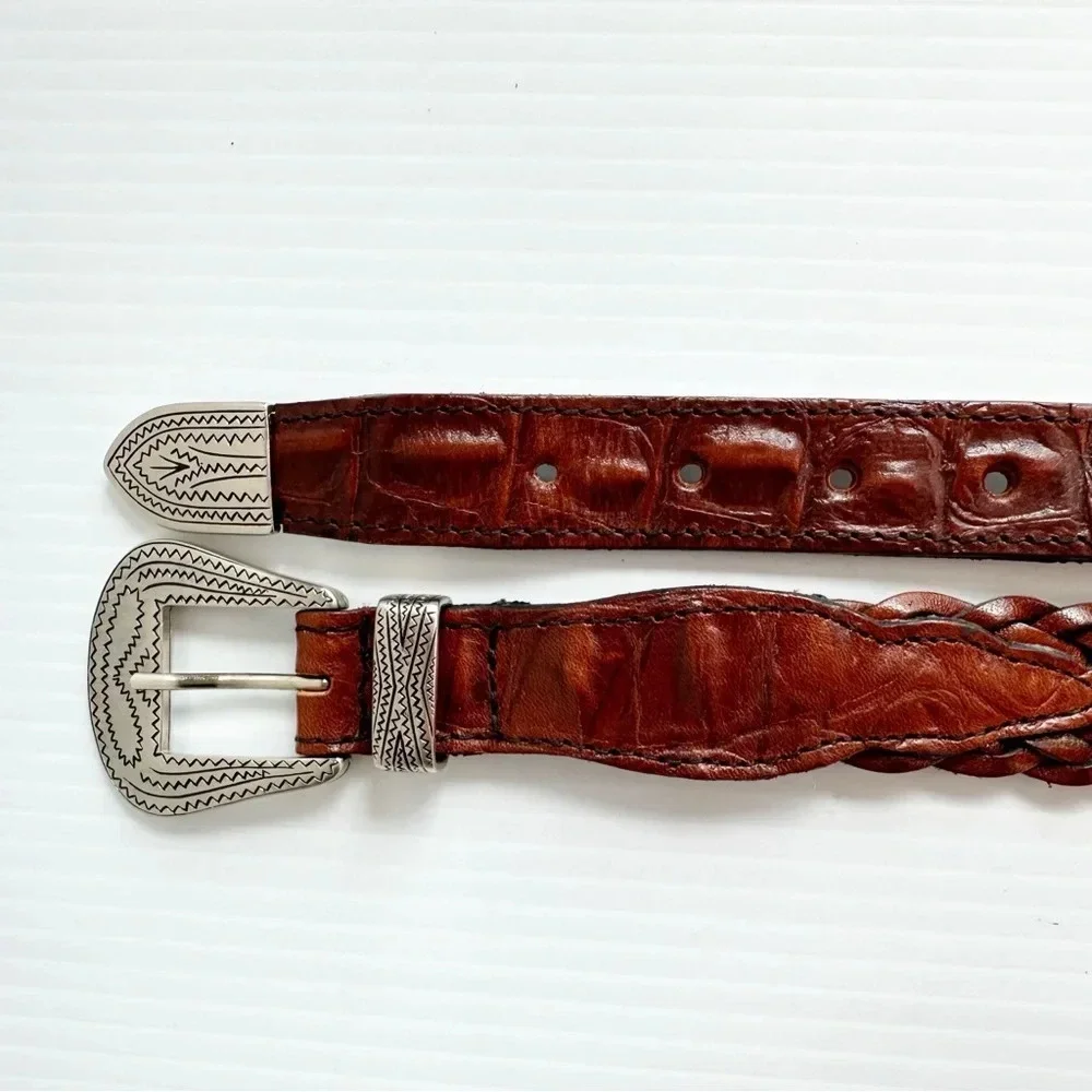 Vintage Crocodile Back, Woven Leather Belt Brown Silver Decorative Buckle
